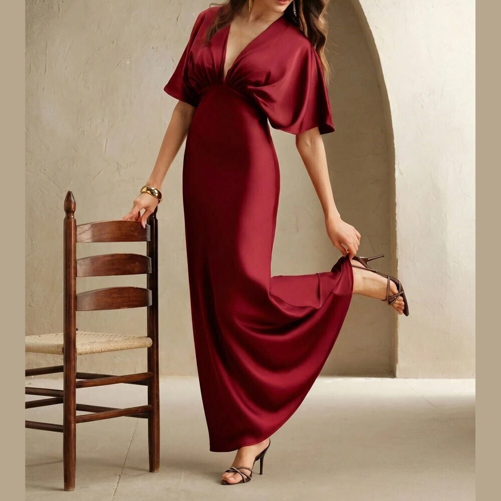 Burgundy Satin Deep V Maxi Dress with Flutter Sleeves - Picture 5 of 7